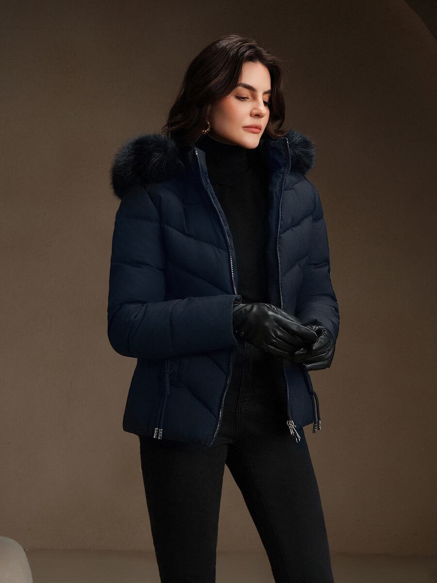 Blythe Faux Fur Trim Hooded Puffer Coat with Zip Front - Navy