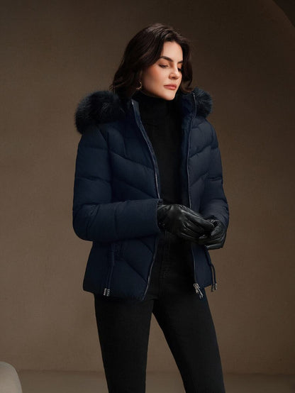 Blythe Faux Fur Trim Hooded Puffer Coat with Zip Front - Navy