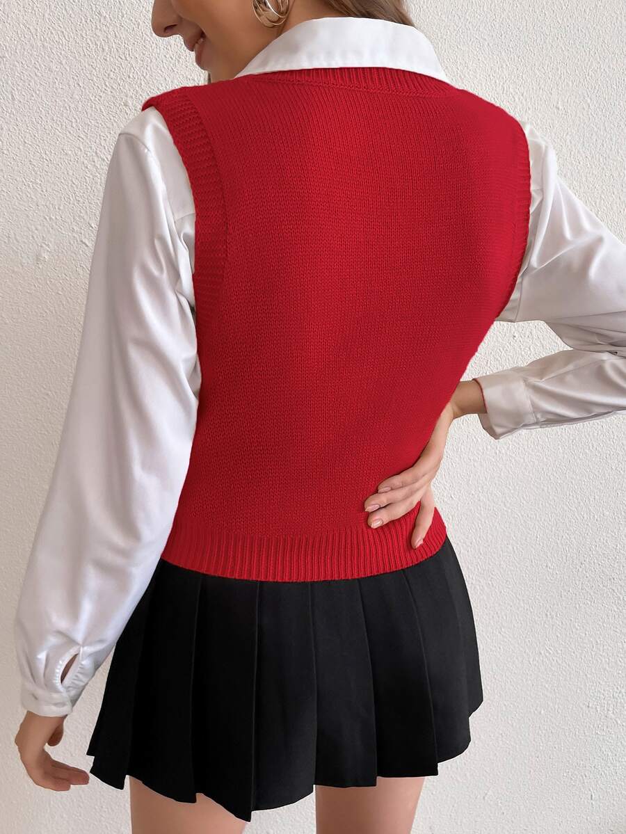 Winifred Classic Cable Knit V-Neck Sleeveless Sweater Vest - Red
