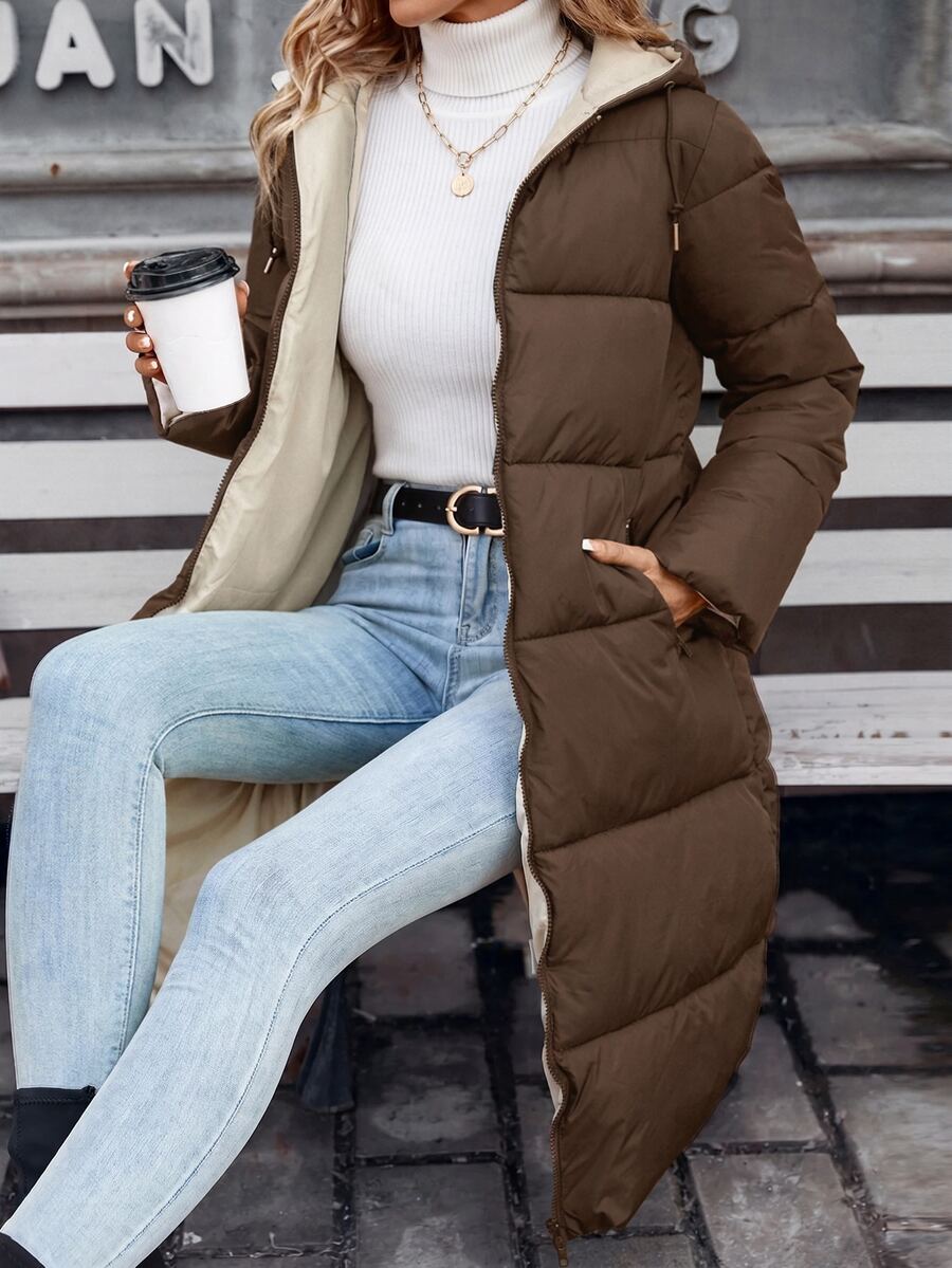 Jasper Long Hooded Puffer Coat with Drawstring - Chocolate Brown