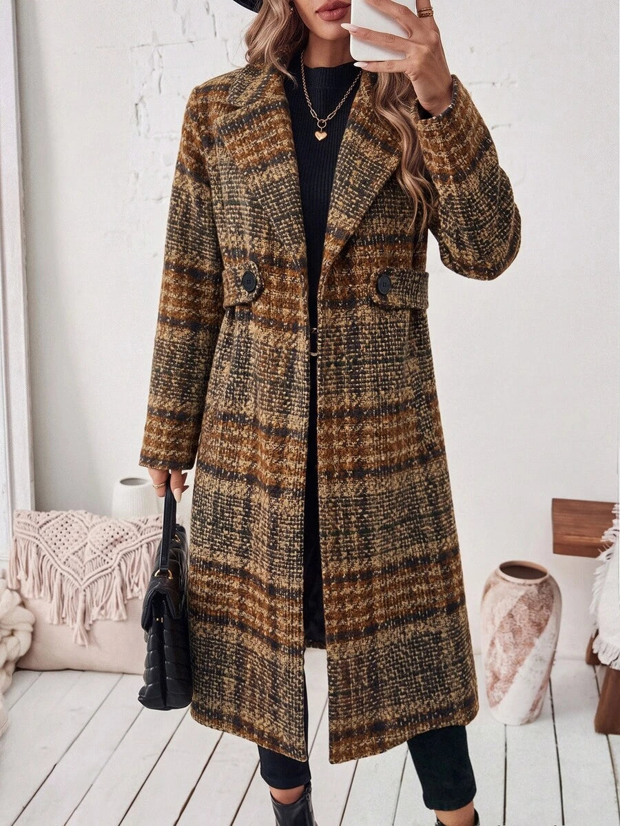 Josephine Belted Notched Collar Double-Breasted Long Coat - Brown Plaid