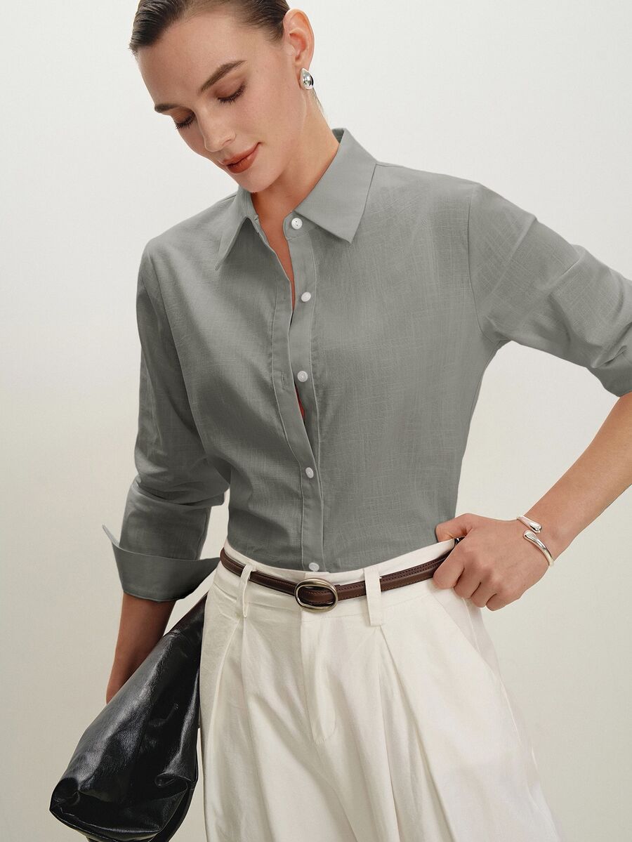 Arabella Classic Collared Button Down Long Sleeve Cotton Shirt - Grey