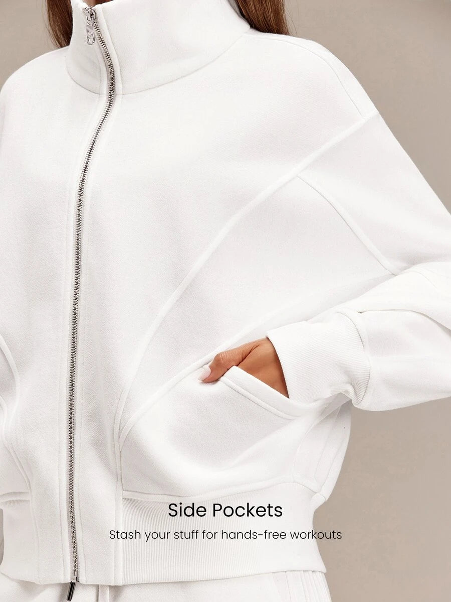 Hortense Oversized Zip Up Fleece Jacket with High Neck - White
