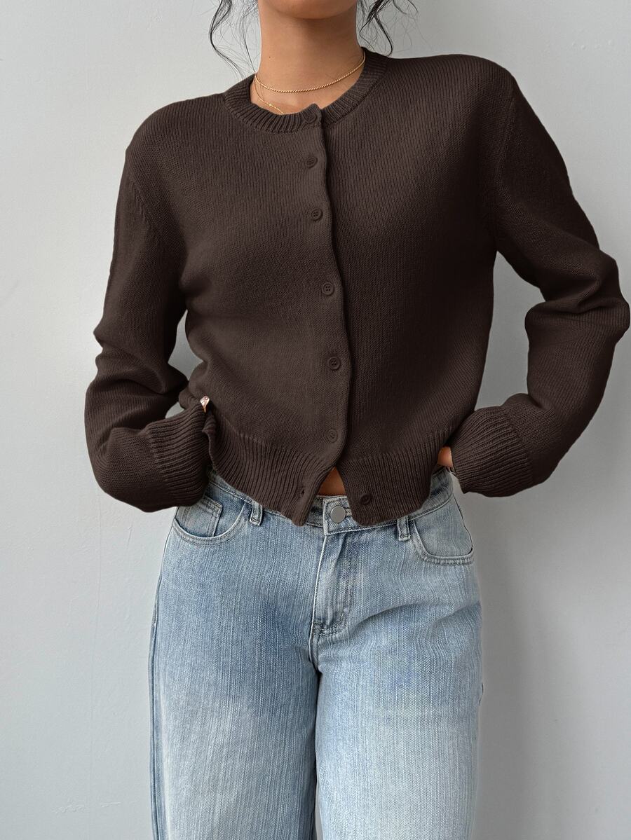 Elowen Round Neck Cropped Cardigan - Brown