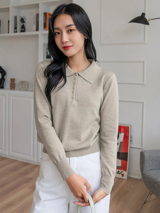 Women's Polo Collar Button Front Sweater, Long Sleeve Knit Pullover for Work Office - Grey