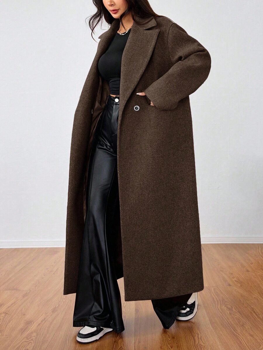 Jolie Oversized Double Breasted Long Coat with Lapel Collar - Chocolate Brown