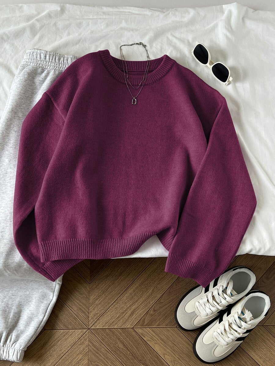 Women's Oversized Crew Neck Pullover Sweater, Relaxed Knit Sweater for Fall Winter - Blue