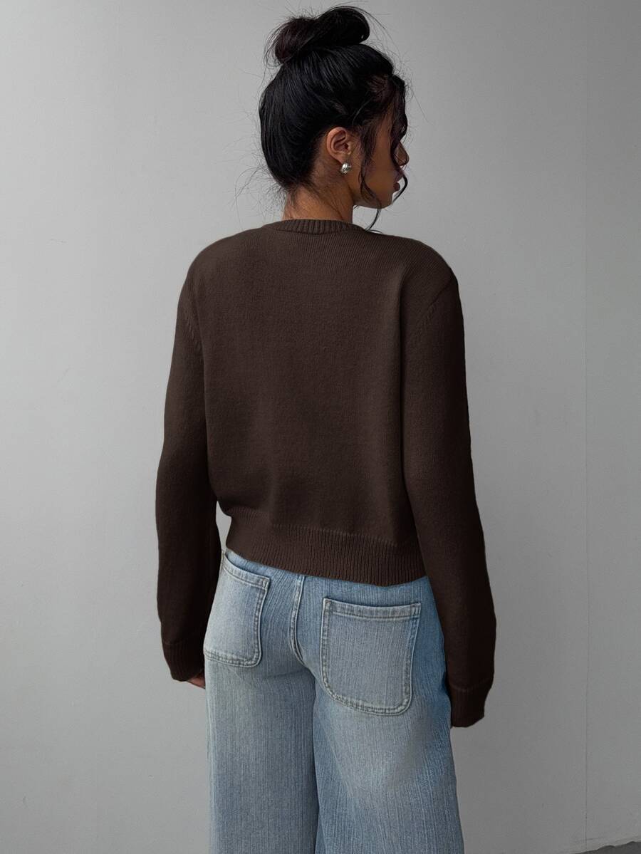 Elowen Round Neck Cropped Cardigan - Brown