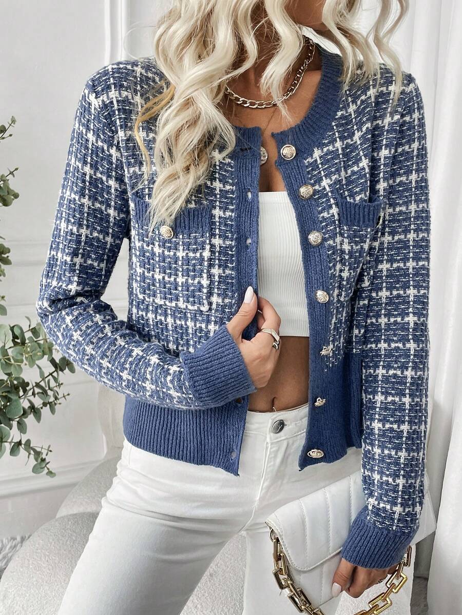 Cheltenham Plaid Tweed Look Cropped Knit Cardigan with Buttons