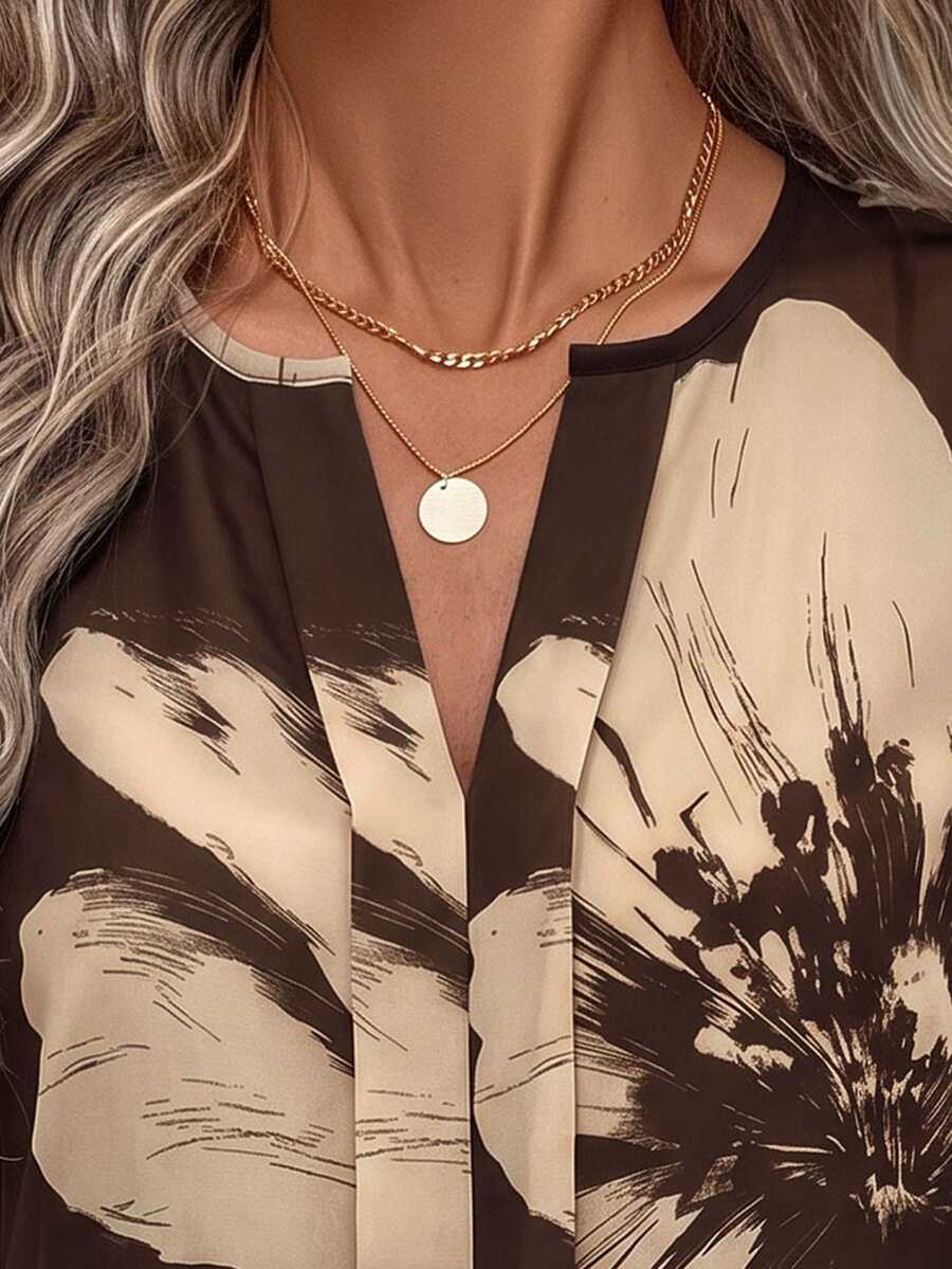 Nell Long Sleeve Blouse with Split V Neck and Lantern Sleeves - Brown Floral
