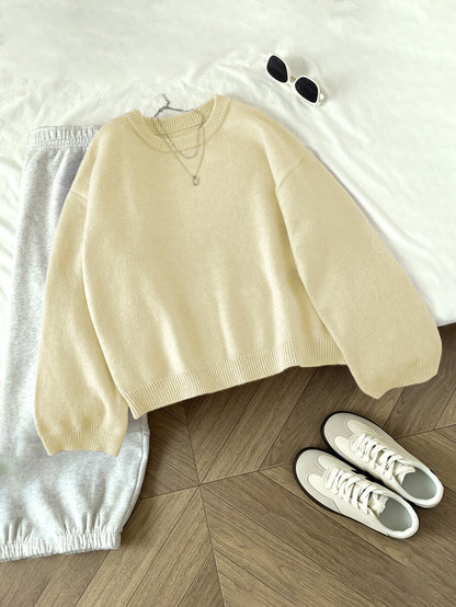 Women's Oversized Crew Neck Pullover Sweater, Relaxed Knit Sweater for Fall Winter - Coffee Brown