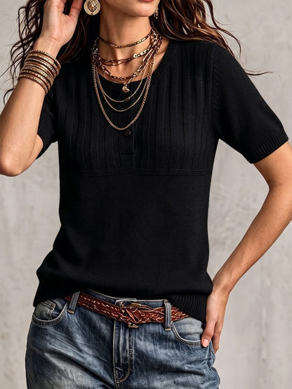 Marielle Textured Knit Half-Button Short Sleeve Sweater Top - Black