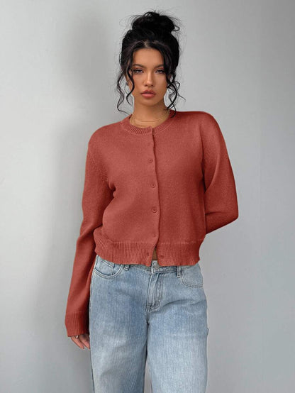 Elowen Round Neck Cropped Cardigan - Burgundy