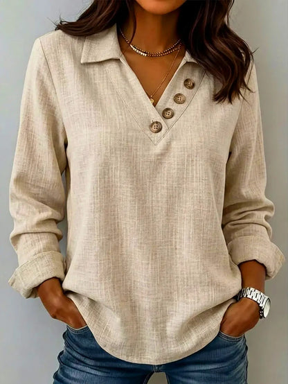 Clementine Collared V-Neck Button Detail Textured Long Sleeve Top - Apricot
