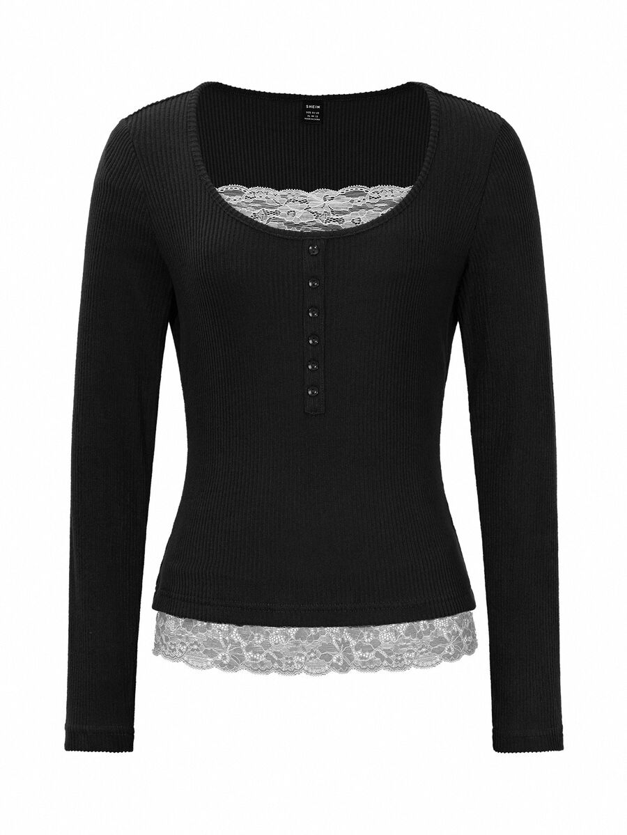 Asheville Lace Trim Layered Look Ribbed Long Sleeve Top
