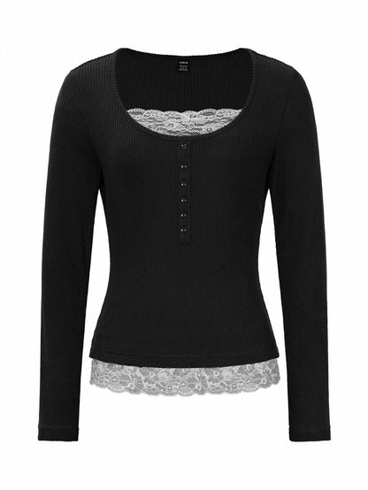 Asheville Lace Trim Layered Look Ribbed Long Sleeve Top
