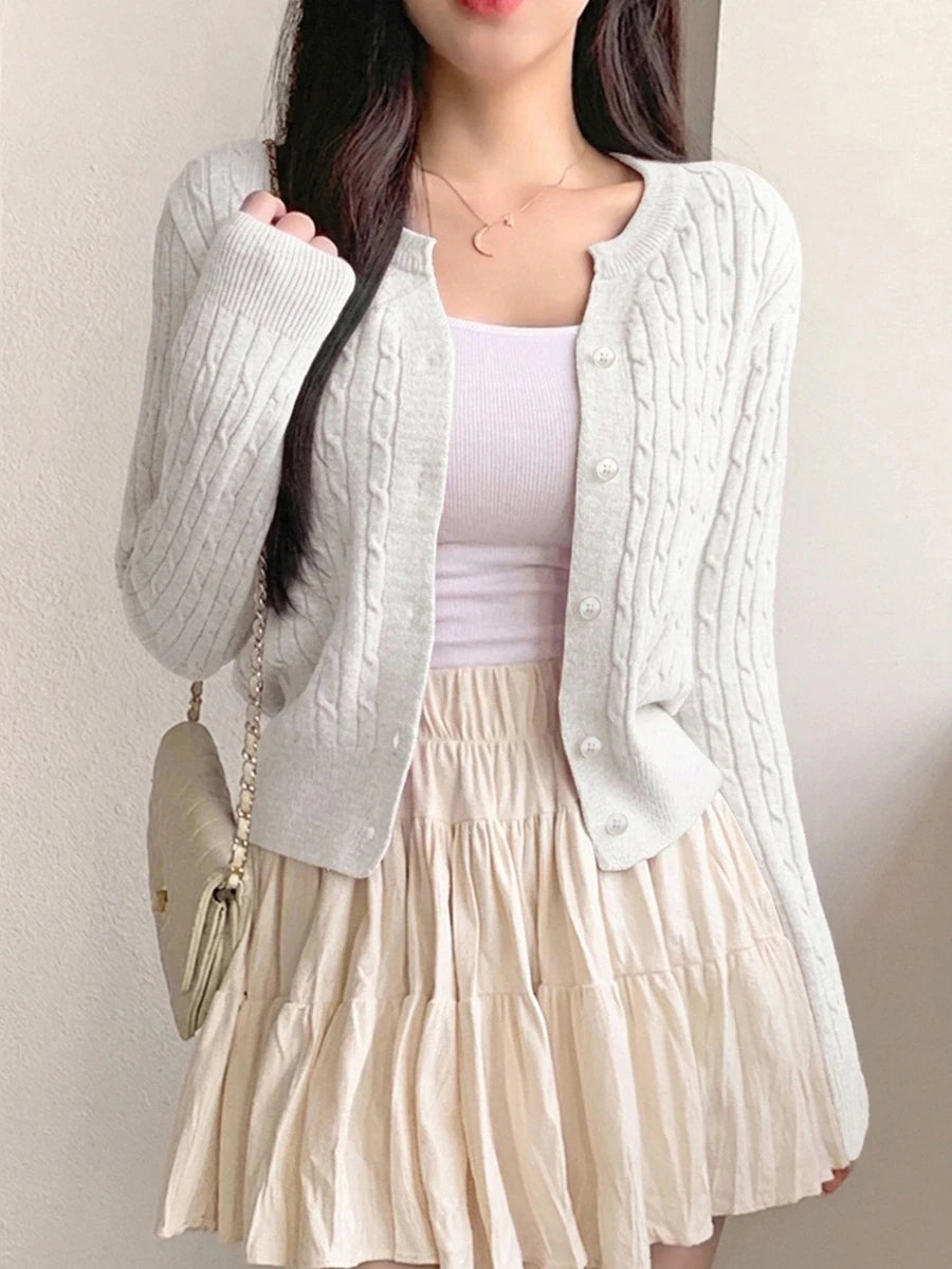 Women's Fitted V-Neck Button Front Cardigan, Twist Knit Sweater for Work and Fall - Brown