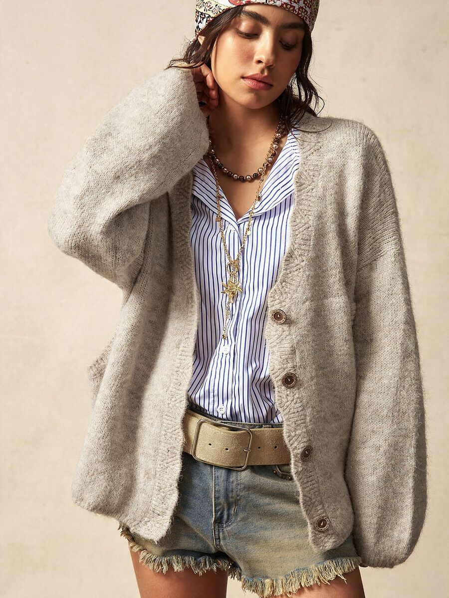 Megeve Oversized Fuzzy Knit Button Front Cardigan
