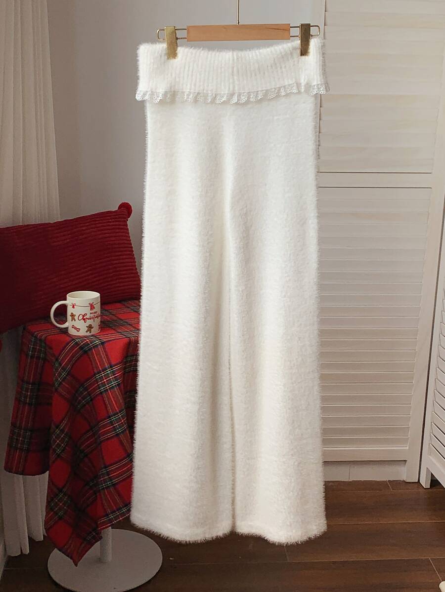 Rosalba Ribbed Knit Fold-Over Waist Flare Pants - Khaki