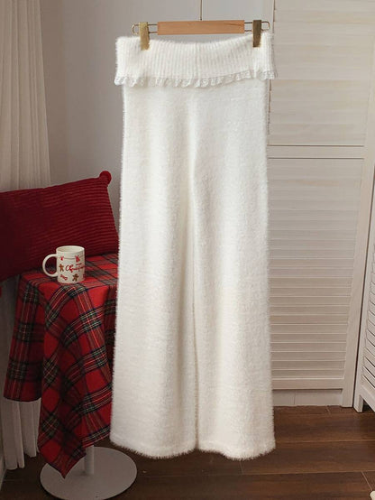 Rosalba Ribbed Knit Fold-Over Waist Flare Pants - Khaki