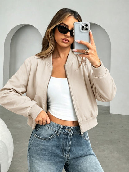Steamboat Zip Up Bomber Jacket with Ribbed Trim - Apricot