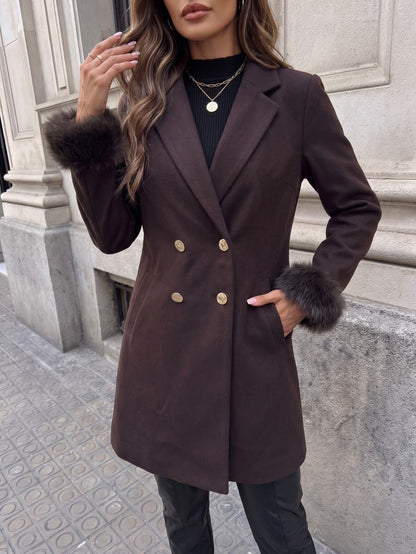 Aveline Double-Breasted Lapel Coat with Tailored Thigh-Length Cut - Khaki