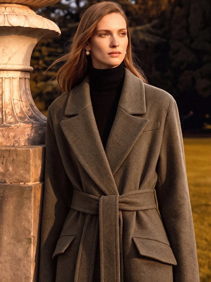Valeska Belted Double-Breasted Lapel Long Coat with Pockets - Grey
