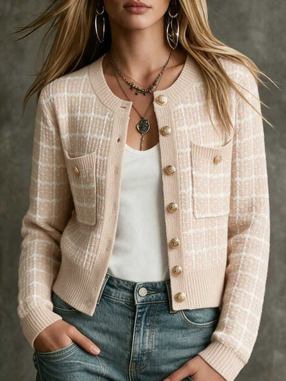 Cheltenham Plaid Tweed Look Cropped Knit Cardigan with Buttons