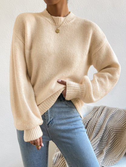 Viola Relaxed Mock Neck Sweater with Drop Shoulders - Cream