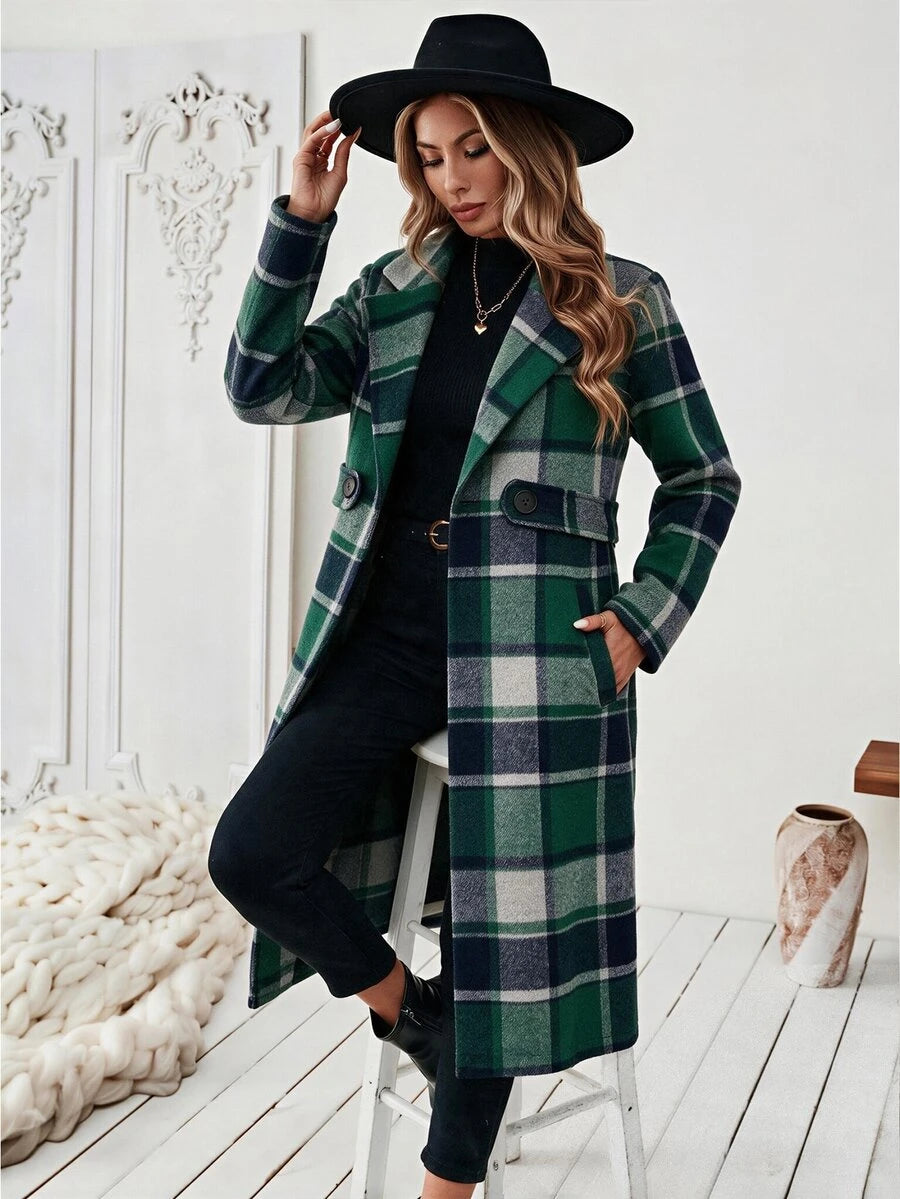 Josephine Belted Notched Collar Double-Breasted Long Coat - Green Plaid