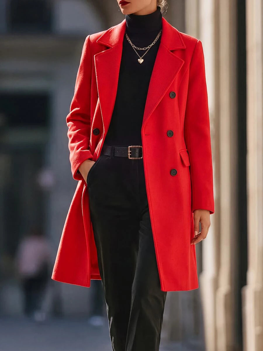Charlotte Notched Lapel Double-Breasted Tailored Midi Coat - Red