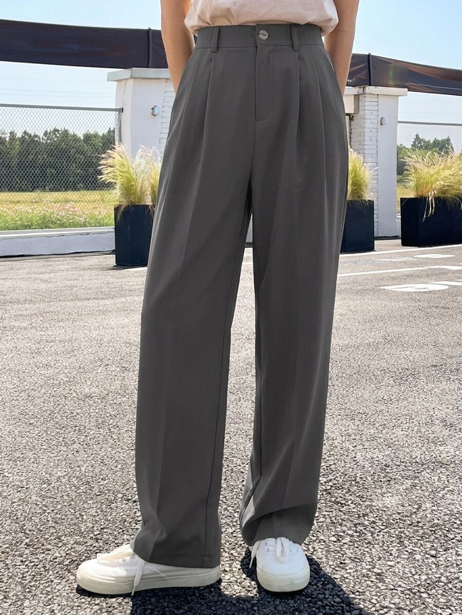 Delft High Waist Pleated Straight Leg Trousers - Dark Grey