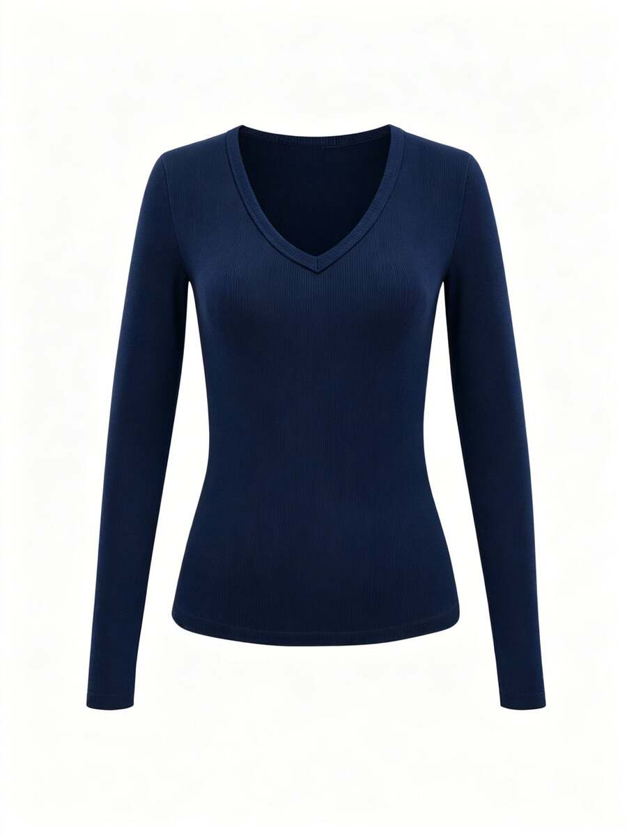 Siena Deep V Neck Ribbed Knit Long Sleeve Fitted Top