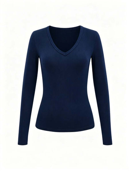 Siena Deep V Neck Ribbed Knit Long Sleeve Fitted Top