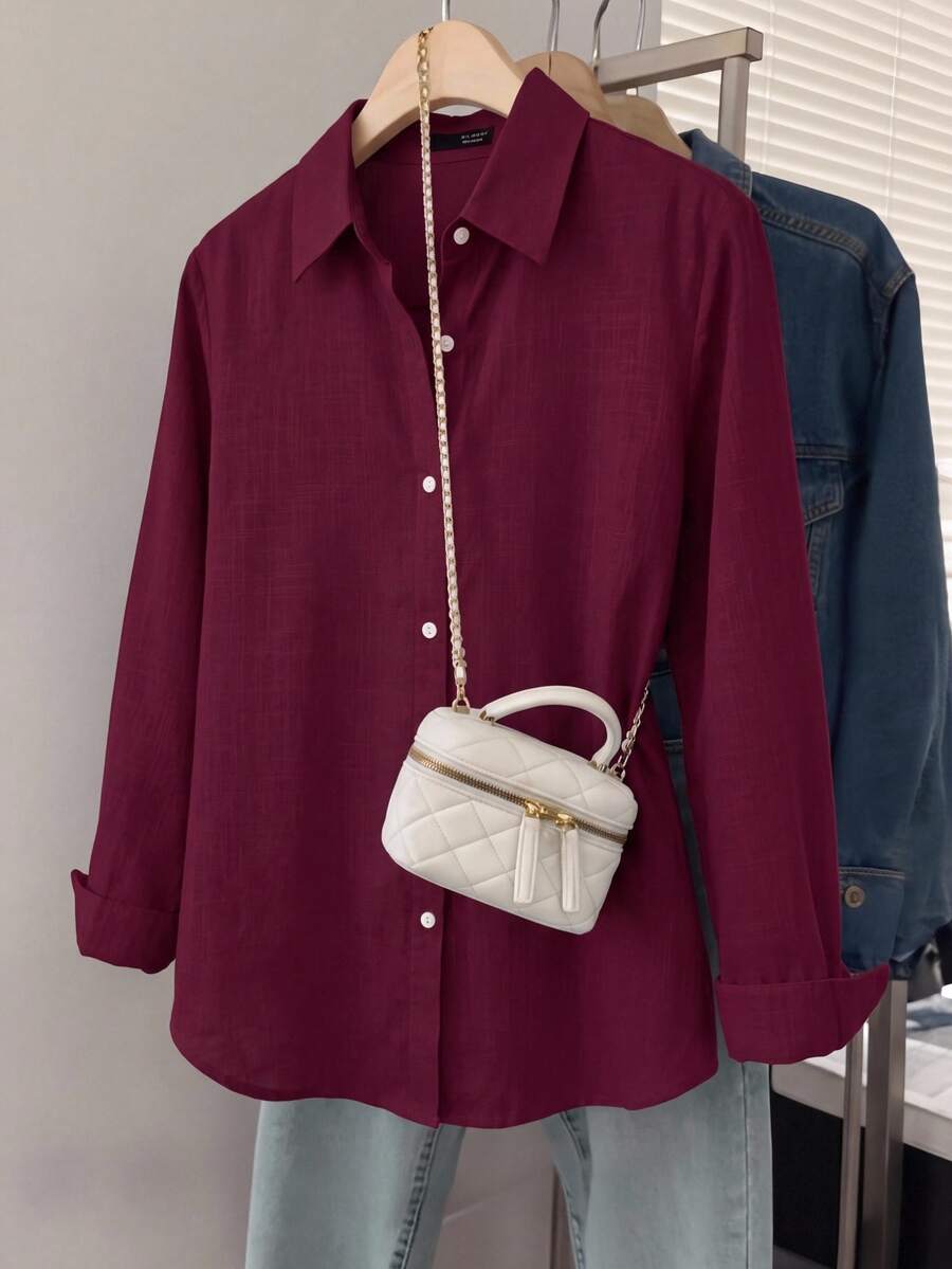 Arabella Classic Collared Button Down Long Sleeve Cotton Shirt - Burgundy