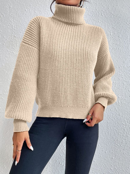 Wilhelmina Rib Knit Turtleneck Drop Shoulder Pullover Sweater - Light Yellow