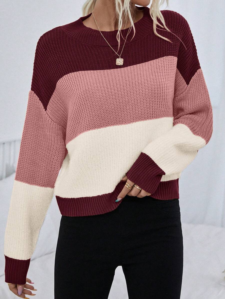 Odessa Color Block Drop Shoulder Long Sleeve Knit Sweater - Multicolor