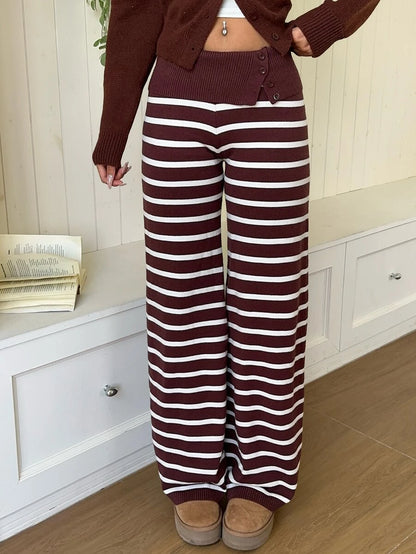 Rosalba Ribbed Knit Fold-Over Waist Flare Pants - White