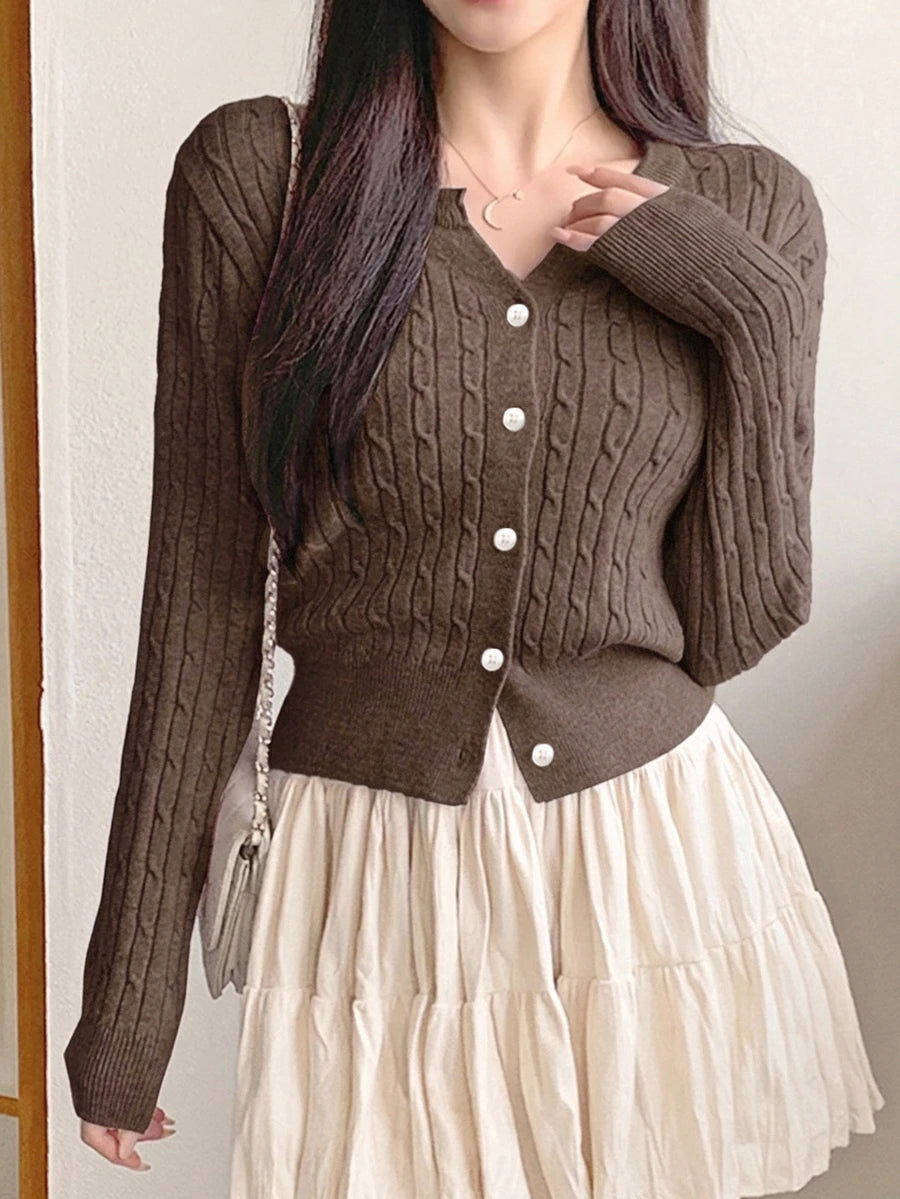 Women's Fitted V-Neck Button Front Cardigan, Twist Knit Sweater for Work and Fall - Khaki