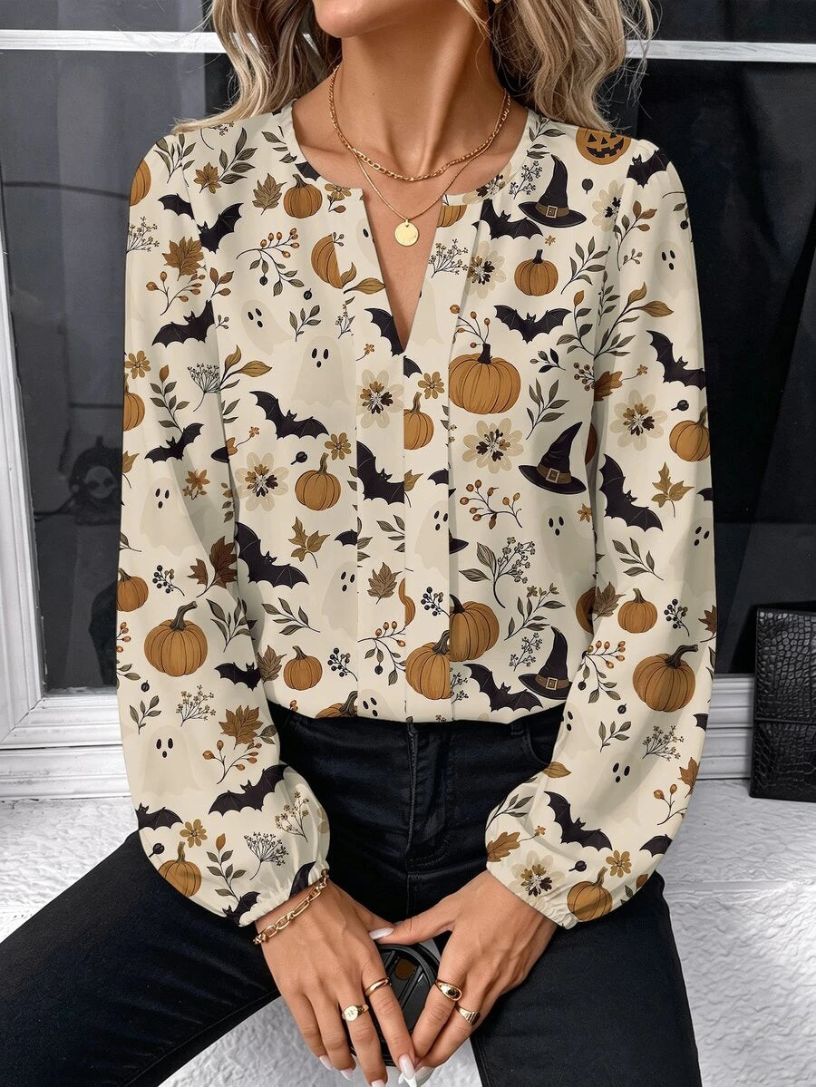Nell Long Sleeve Blouse with Split V Neck and Lantern Sleeves - Cream Harvest Print