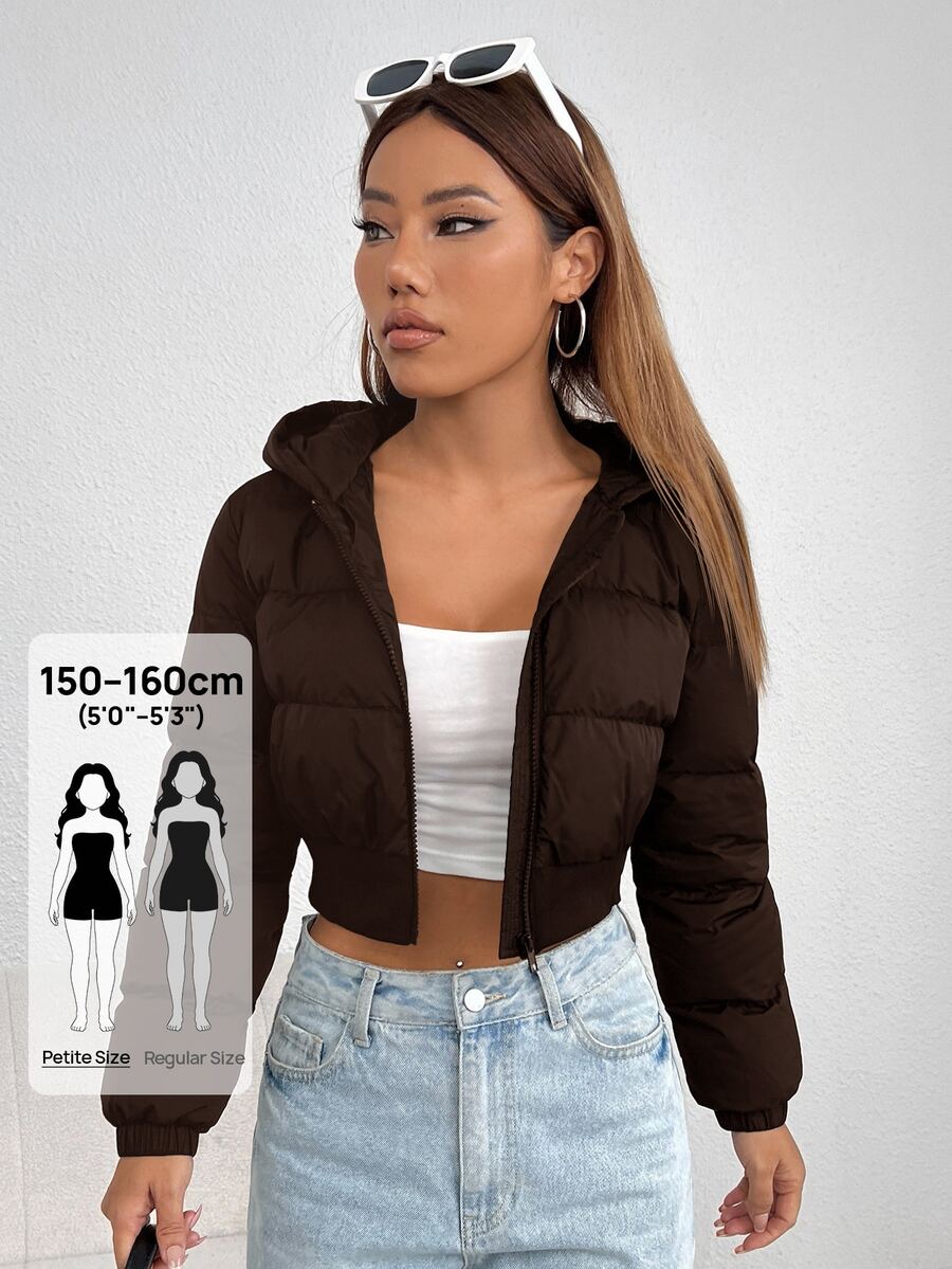 Annika Cropped Hooded Puffer Jacket with Zip Front - Chocolate Brown
