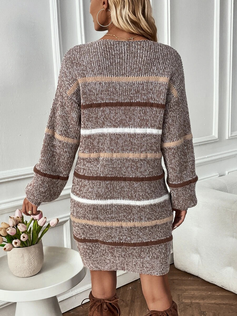 Lavinia Drop Shoulder Long Sleeve Knit Mini Sweater Dress - Taupe Stripe