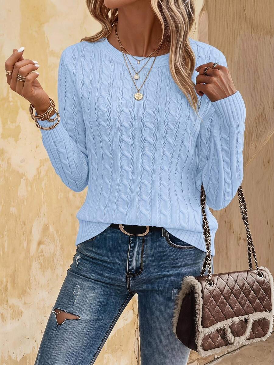 Livia Twist Cable Knit Crew Neck Sweater Fitted Pullover - Light Blue
