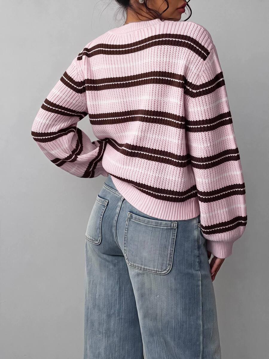 Aurelia Chunky Waffle Knit Crew Neck Relaxed Sweater - Pink Brown Stripe