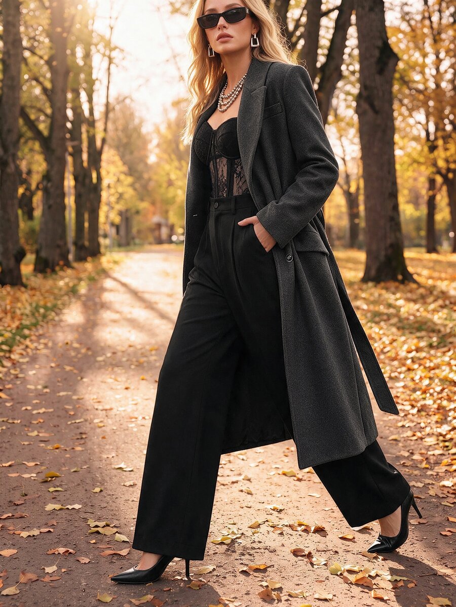 Valeska Belted Double-Breasted Lapel Long Coat with Pockets - Apricot