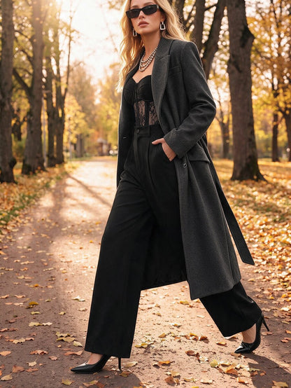 Valeska Belted Double-Breasted Lapel Long Coat with Pockets - Apricot