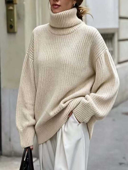 Wilhelmina Rib Knit Turtleneck Drop Shoulder Pullover Sweater - Baby Pink