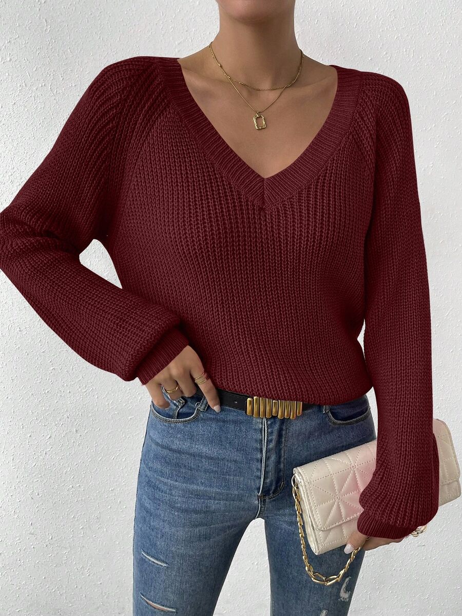 Aarhus V Neck Raglan Sleeve Ribbed Knit Sweater