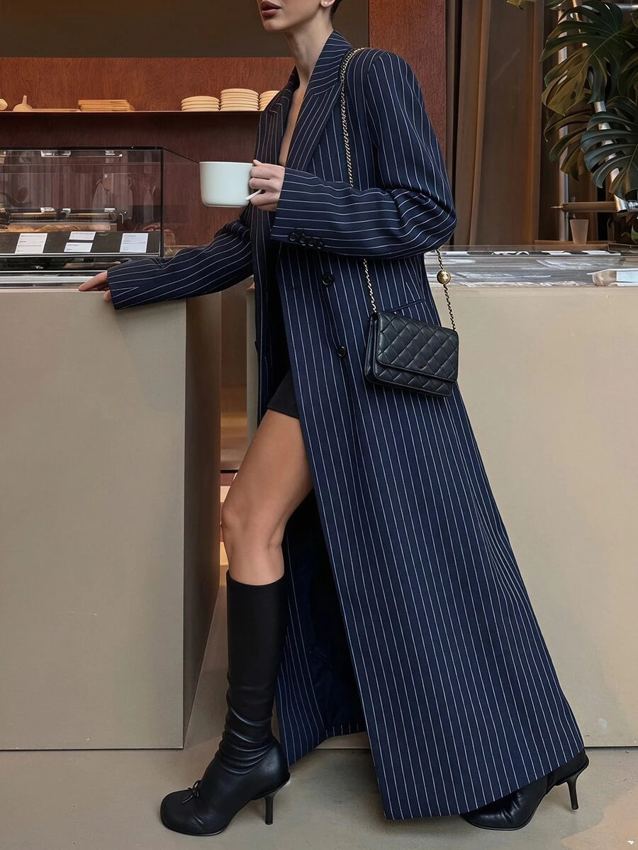 Delfina Double Breasted Herringbone Long Coat with Lapels - Navy Pinstripe