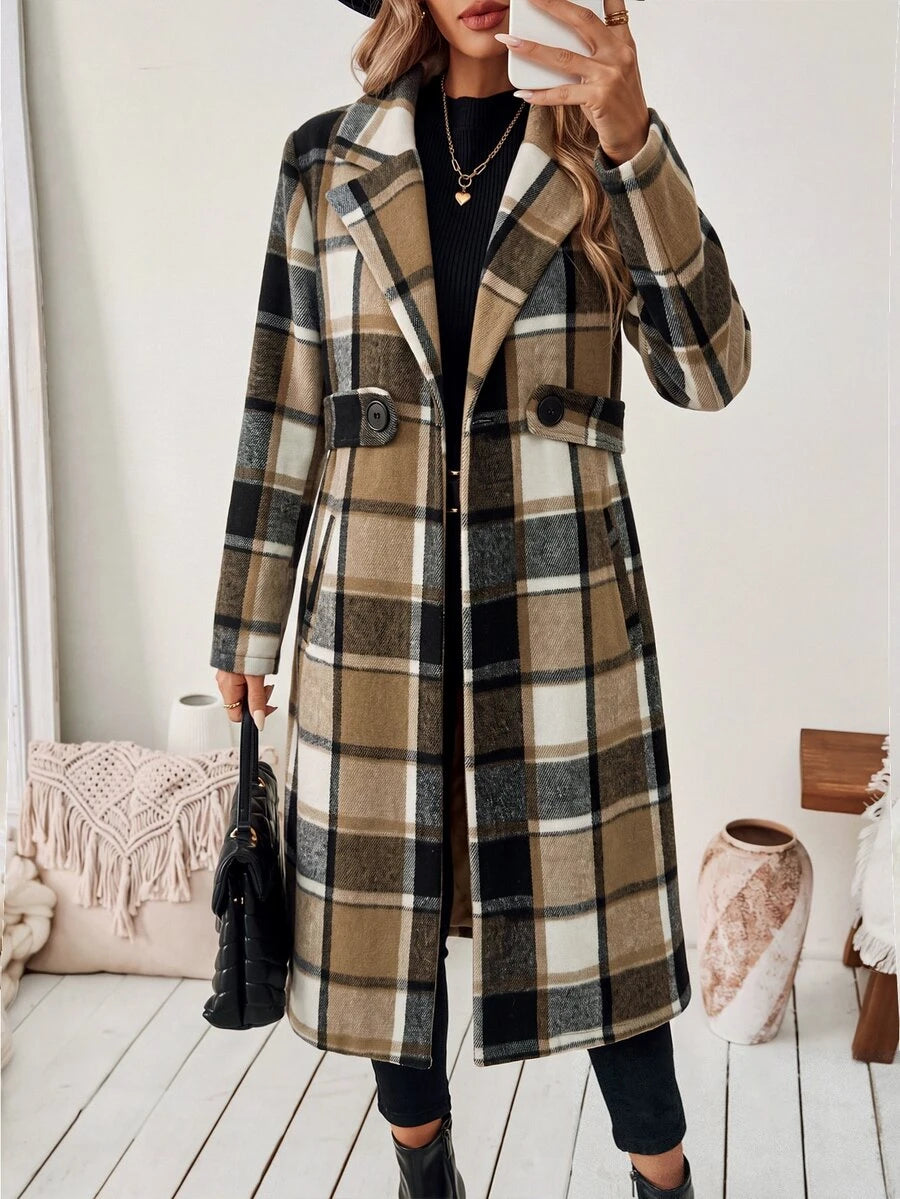 Josephine Belted Notched Collar Double-Breasted Long Coat - Cream Plaid